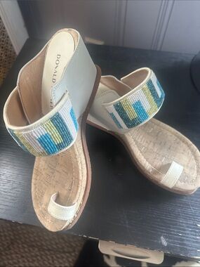 Donald J. Pliner White Leather Beaded Toe-Ring Sandals with Blue & Green Accents